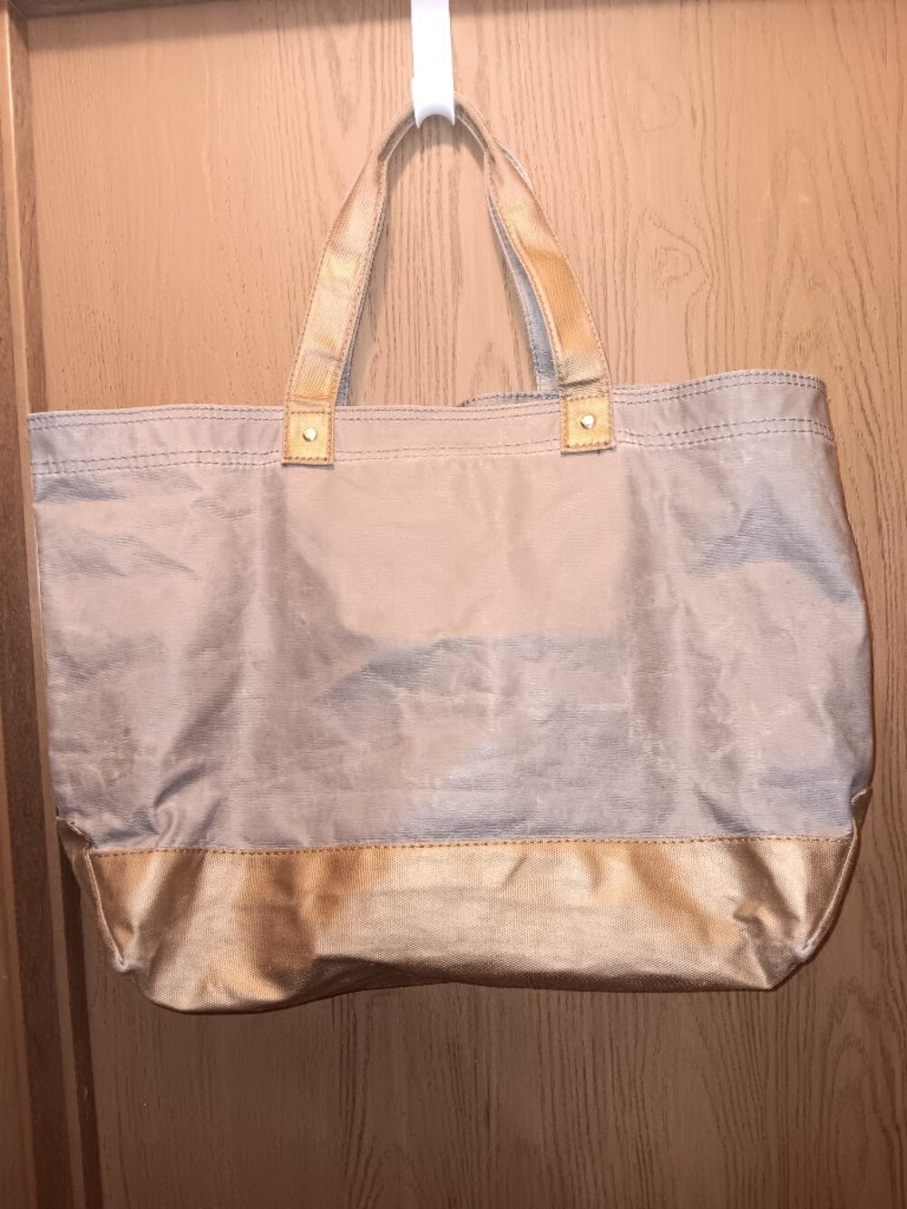 Bath & Body Works metallic gray and gold heavy duty coated canvas tote bag - Picture 2 of 13